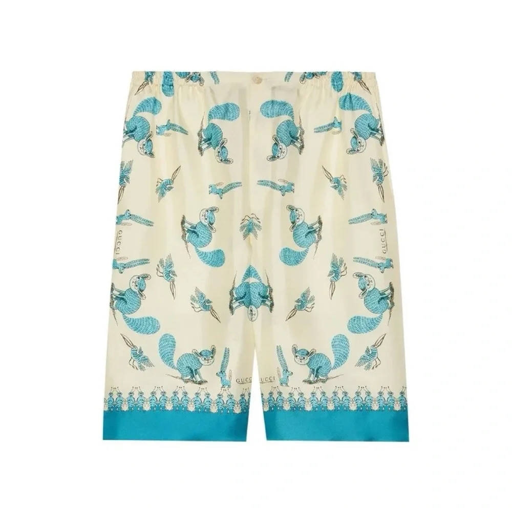 Gucci x Freya Hartas Printed Silk Twill Shorts (Sz IT 48 / M) Ivory Turquoise